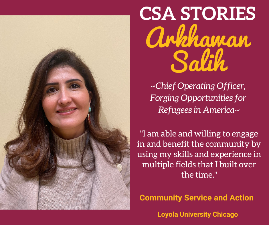 CSA Story Header for Arkhawan Salih; a headshot image on a maroon and gold background